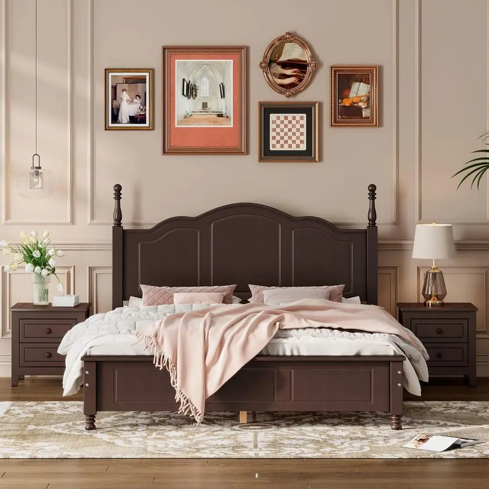 

Queen Size Dark Walnut Wood Platform Bed Set with 2 Nightstands and Slats Support for Adult Bedrooms