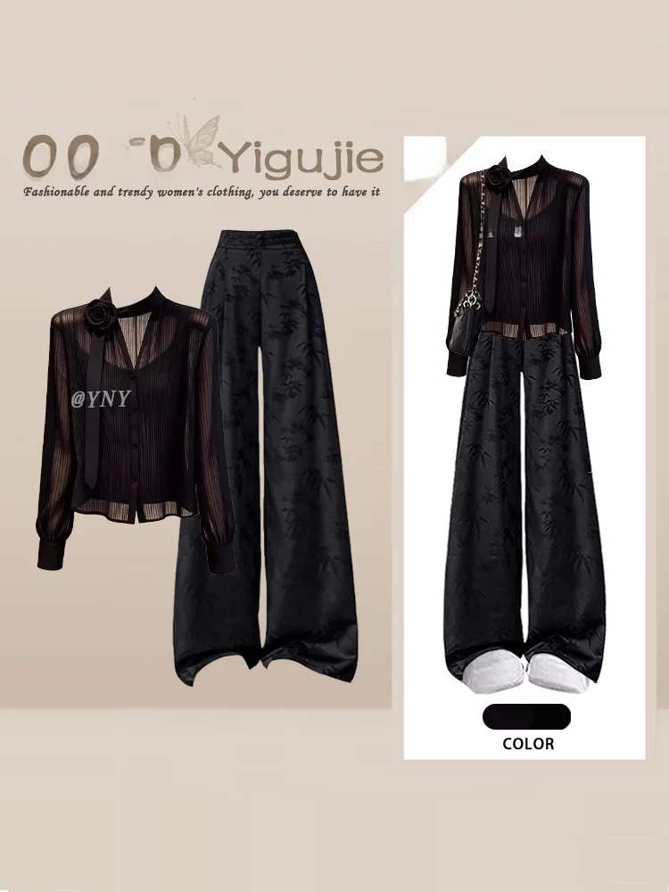 Retro Design Black Long Sleeve Chiffon Shirt Vest Wide Leg Pants Women's Three Piece Set Autumn Fashion Outfit Elegant Ladywear