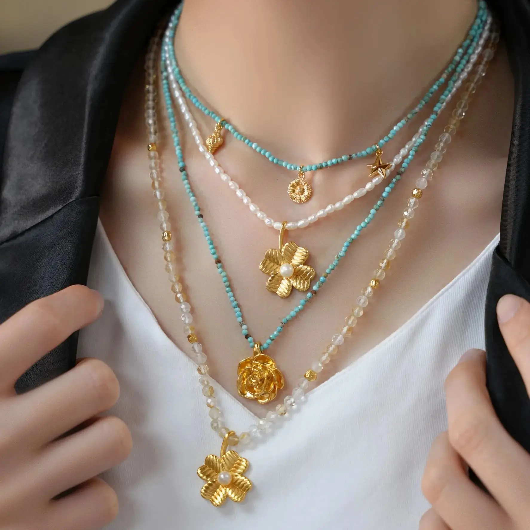 【Free Shipping】Natural Pearl Necklace Women's Copper Gold-Plated Pendant Accessories stacking design