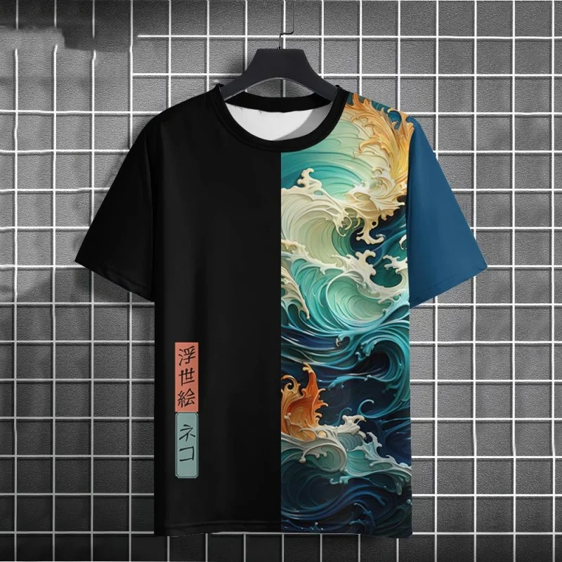 Colorful Waves Sun Pattern T Shirt For Men Color Block 3D Printed Tees Casual Short Sleeve Round Neck Tops Street T-Shirts