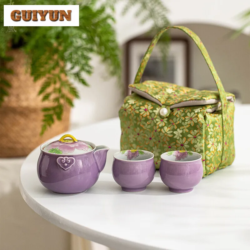 

Дорожный чайный набор ручной работы из бутика с фиолетовыми пионами, элегантный чайный набор ручной работы, 1 чайник, 2 чашки, чайная утварь, пакеты, украшение