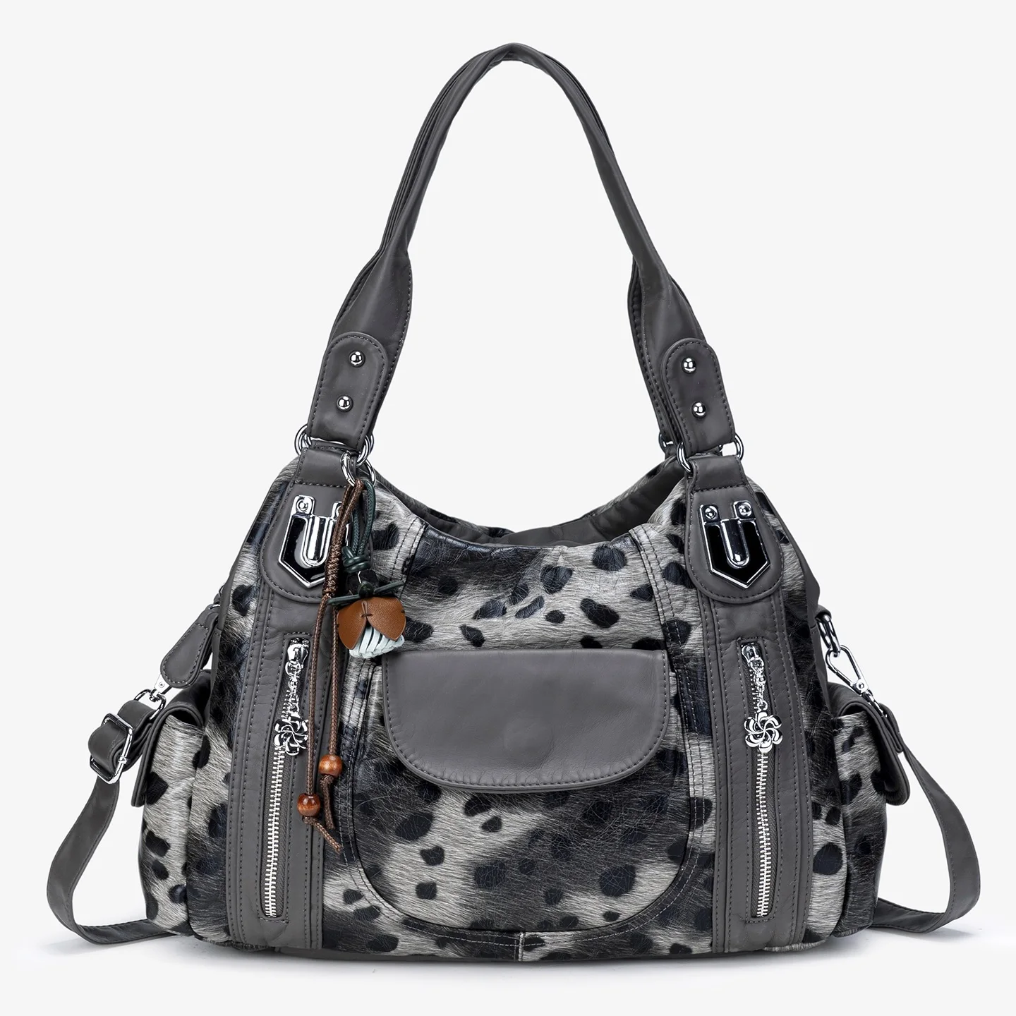 

Venn Angel Women's Leopard Print Faux Fur Hobo Shoulder Bag, Vintage Washed PU Spliced Multi Pocket Large Capacity Handbag