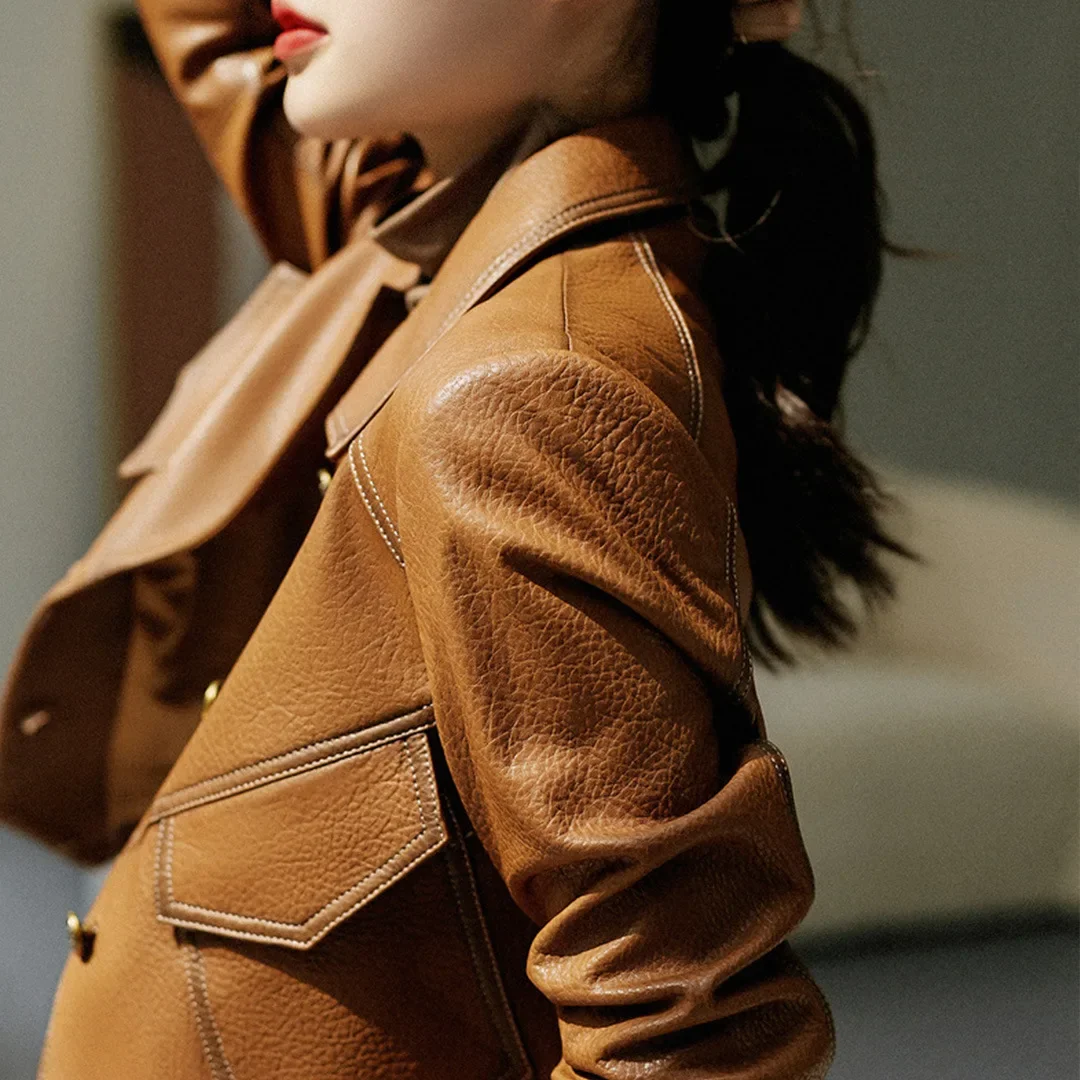 Spring Autumn New Single Breasted Leather Jacket Women\'s Short Slim Fit Motorcycle Leather Coat Lady Brown Lapel PU Outwear Top