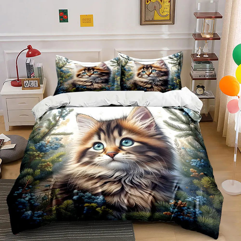 Cat Amid Forest Berries Duvet Cover Set with 3D Printing Design Soft Polyester Bedding Set All-Season Comfort Machine Washable