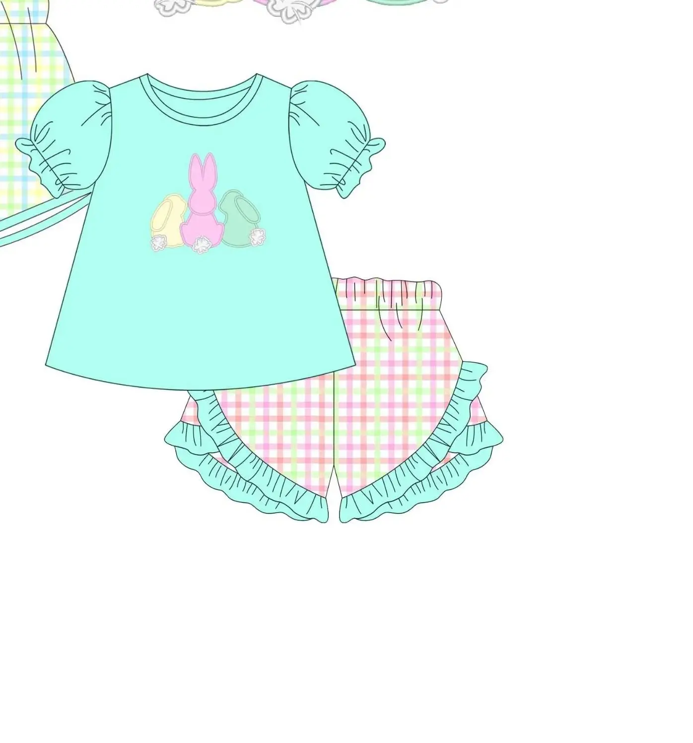 Festive Casual Clothes Easter Rabbit Toddler Outfit  Boy Girls Bunny Print T-Shirt + Plaid Shorts Set