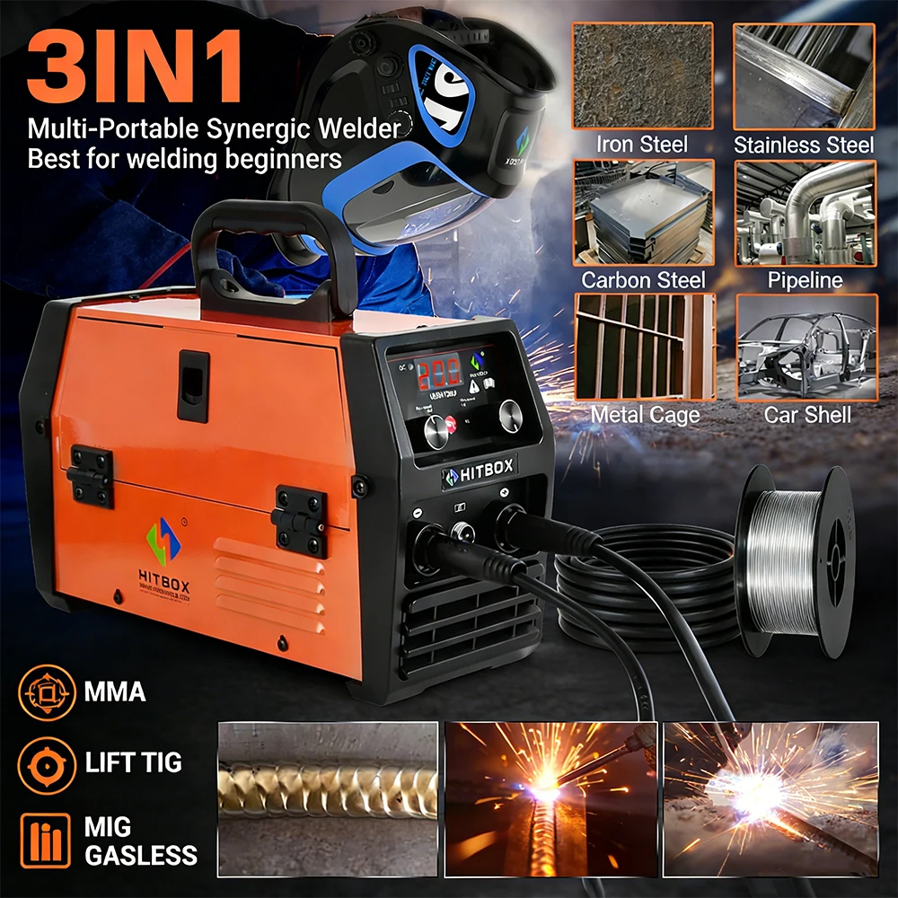 HITBOX 3 in 1 Semi-Automatic Mig Welding Machine Tig Argon Arc MIG Gasless Synergy Inverter Soldering Welder 110V 220V HBM1200