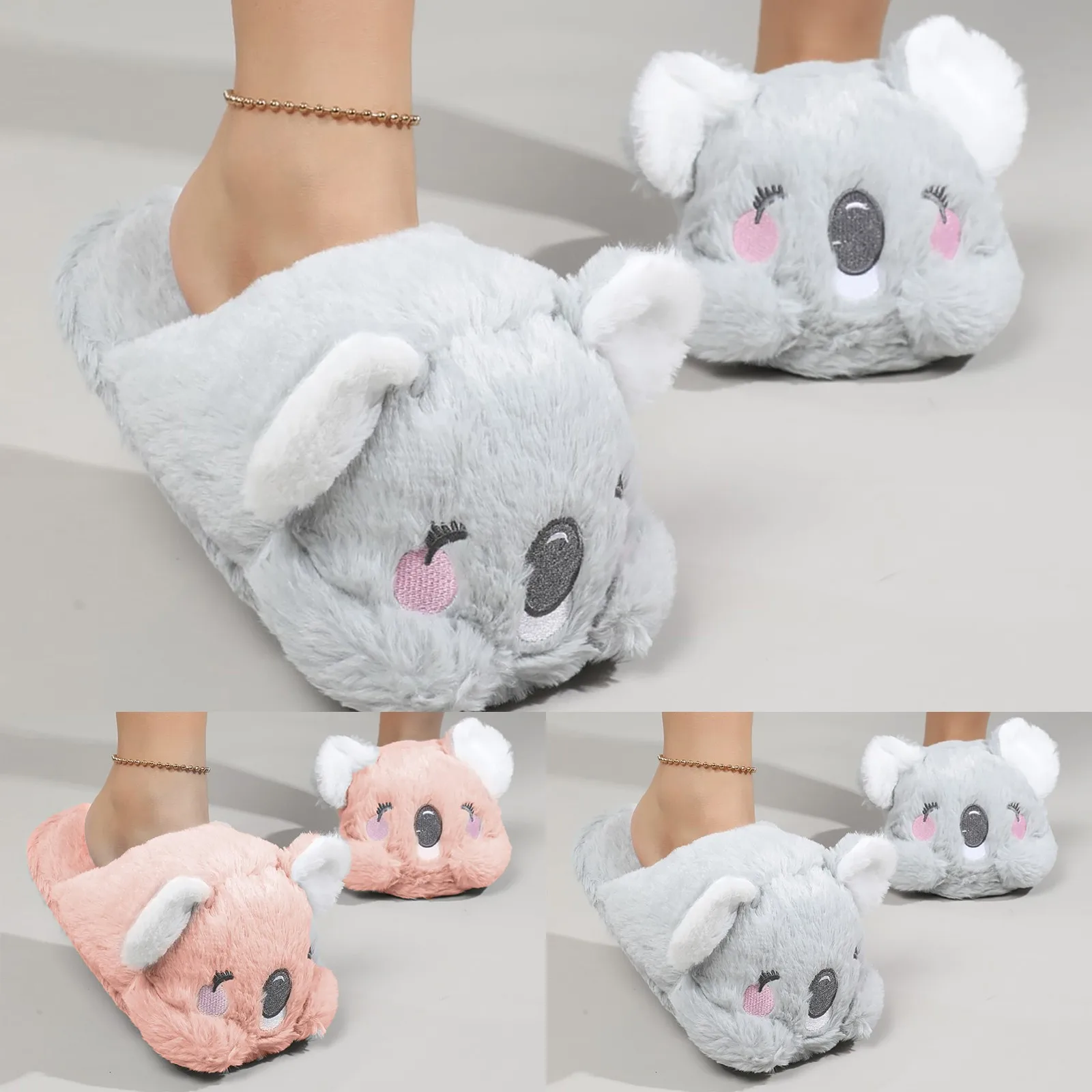 Cute Cartoon Koala Cotton Slippers Pack Heel Home Soft Non-slip Warm Breathable Indoor Plush Shoes Indoor Womens Slippers Size 8