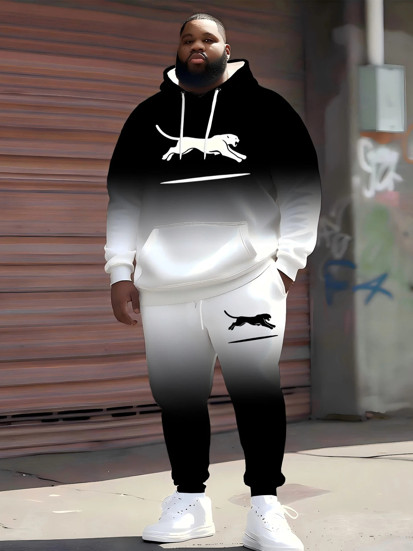 

2025 Best-Selling Plus-Size Urban Gradient Color with Sprinting Panther Graphic Men's Hoodie & Sweatpants Set