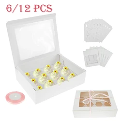6/12Pcs Cupcake Packaging Box 12 Holes Cupcake Container with a Roll of Ribbon, Kraft Box with Clear Window for Cupcakes Muffins
