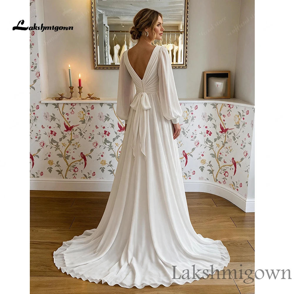 Lakshmigown Boho Chiffon Hochzeitskleid mit Puffärmeln, tiefem V-Ausschnitt, gedrehtem Oberteil, Schleife am Rücken, A-Linie, Schleppe, Brautkleid – Detail 5