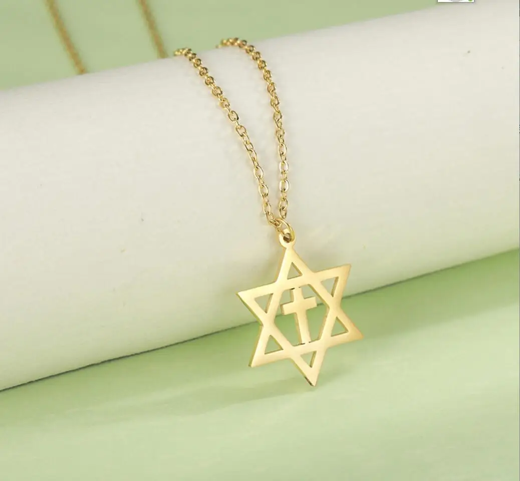 1PC Nice Cross Star of David Necklace Hexagram Chain Supernatural Amulet Jewish Gift For Woman Man Stainless Steel Jewelry F1146