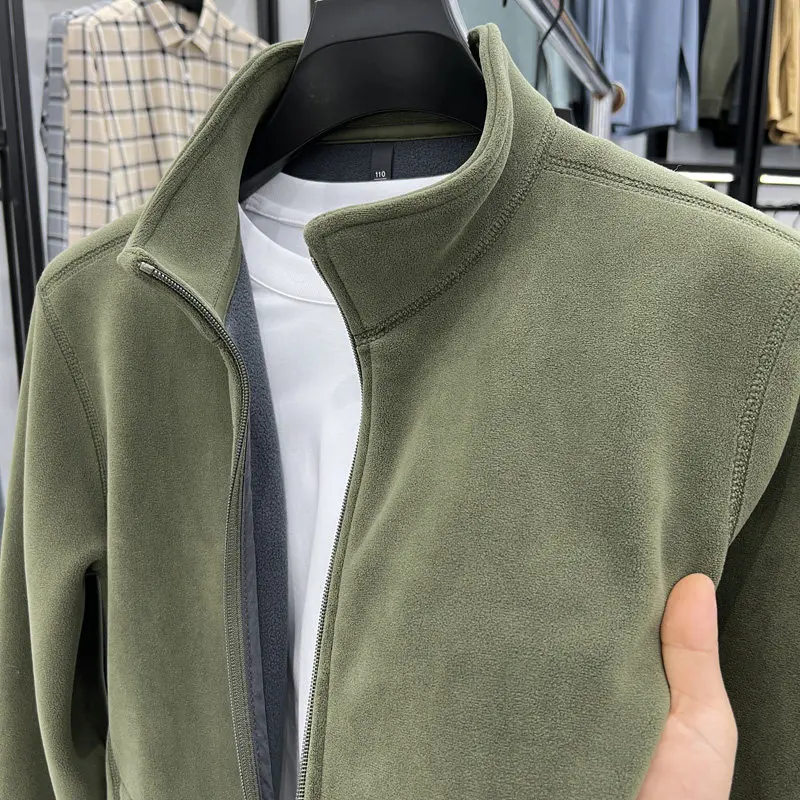 Fleece Lined Zipper Hoodie Men's Warm Outerwear Half High Collar Autumn Winter Thickened Polyester Casual Loose Fit Coat