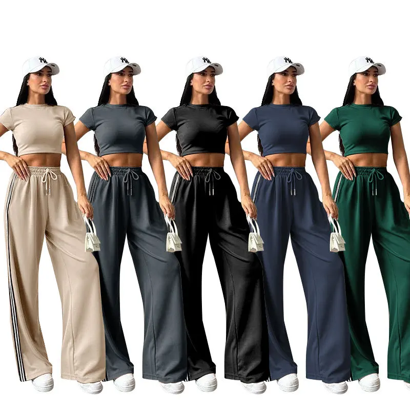 Fashion Stripe Patchwork Sports Sets Women Slim Cropped Top High Waist Wide Leg Trousers Two Piece Set Casual Sporty Style Suits