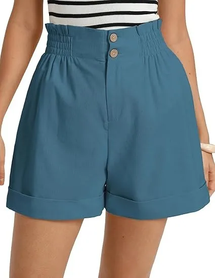 Women's Solid Color Elastic Waist Straight Leg Capri Shorts with Button Zipper Pockets for Travel Camping Streetwear Everyday