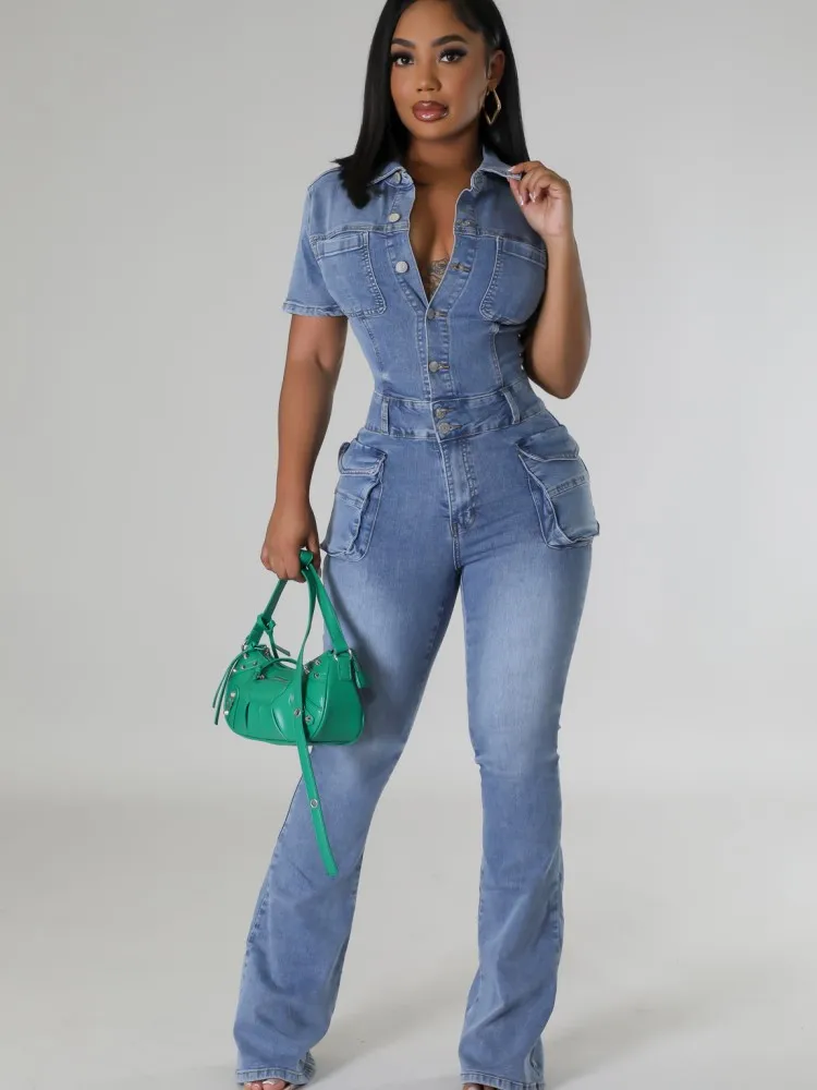 JRRY Sexy Women Denim Jumpsuits Short Sleeve Turn Down Collars Buttons Pockets Flared Pants Denim Bodysuit