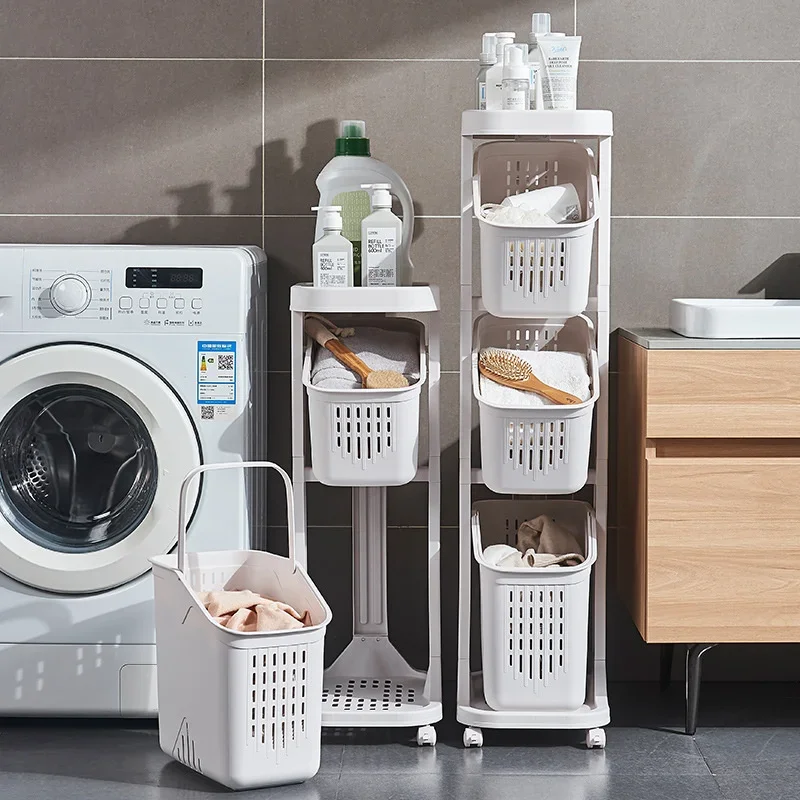 Multi-function Sandwich Bathroom Dirty Laundry Basket Plastic Kitchen Narrow Seam Storage Rack Dormitory Debris Storage Cart