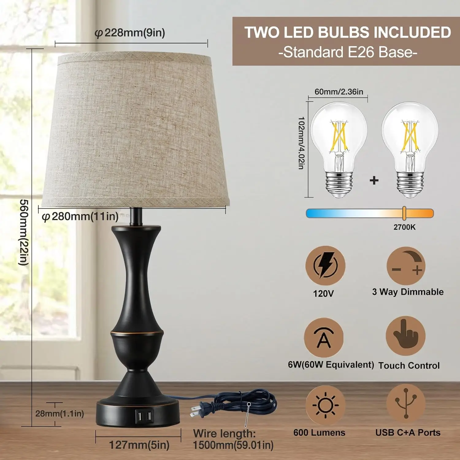Conjunto de 2 Luminárias de Mesa com Controle de Toque, 22 Polegadas de Altura com Portas USB C+A para Quarto, Sala de Estar, Escritório