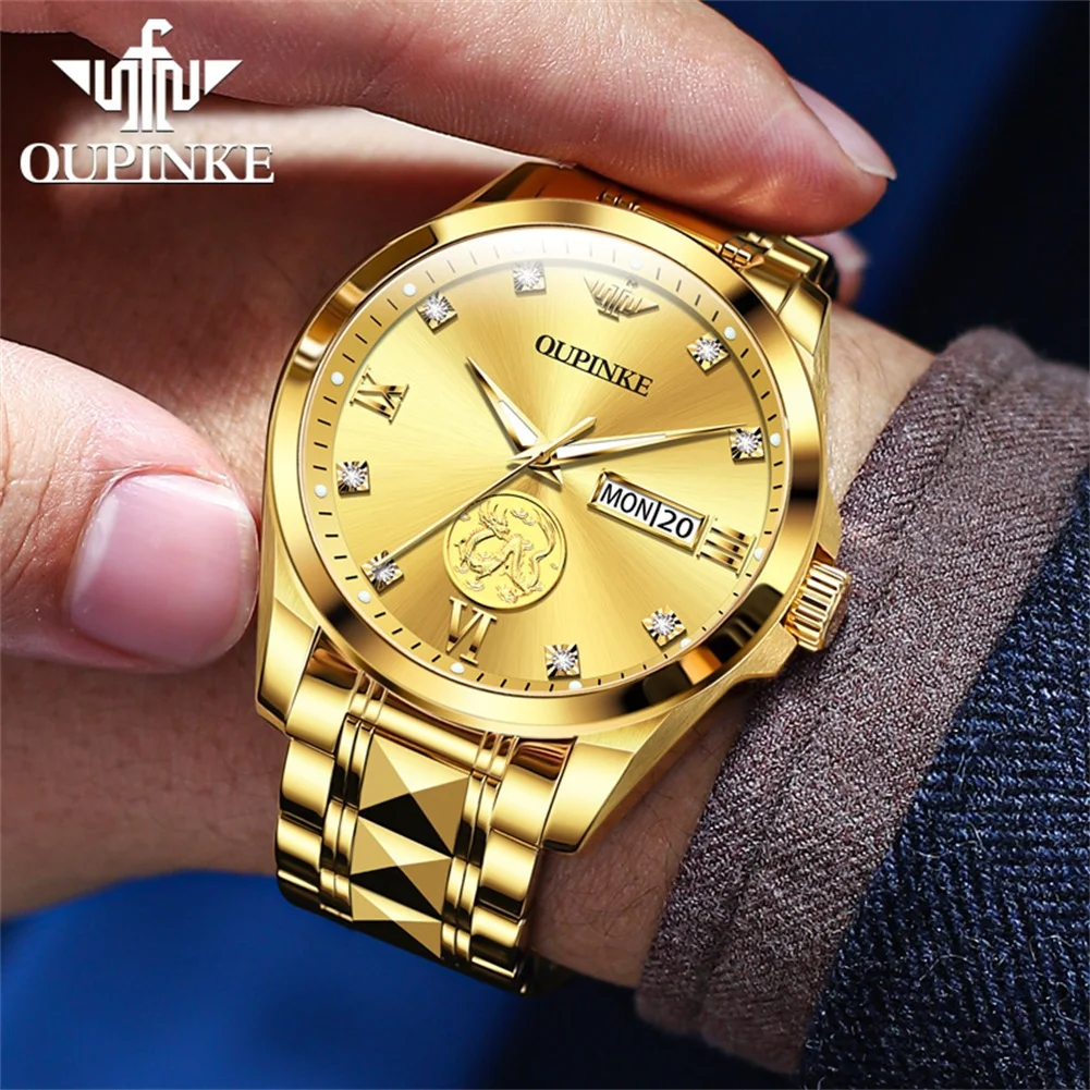 OUPINKE Luxury Brand Watch Men Real Gold Dragon Sculpture Japan Movement Luminous Waterproof Automatic Mechanical Man Wristwatch