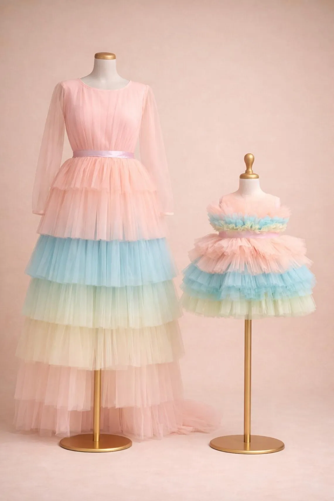 New Fashion Rainbow Mother & Daughter Matching Multicolor Paste Tulle Dresses Mommy and Me Outfit  Special Occasion Gowns