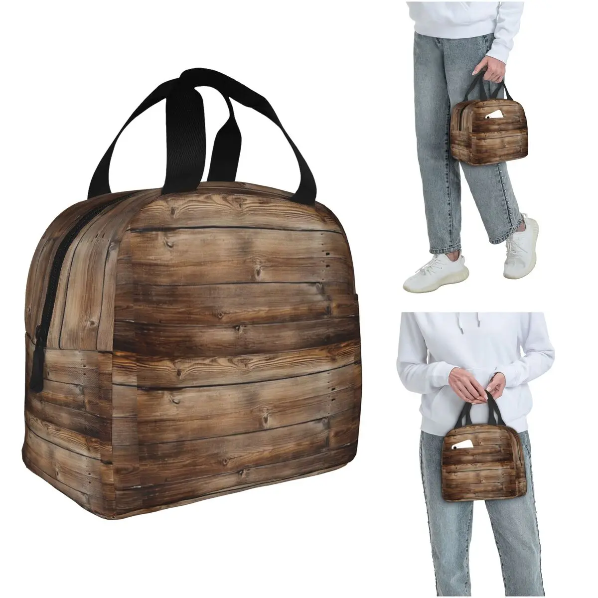 

Wood Grain Retro Insulated Lunch Bag for Women Kids Leakproof Food Boxes Thermal Lunch Box Tote