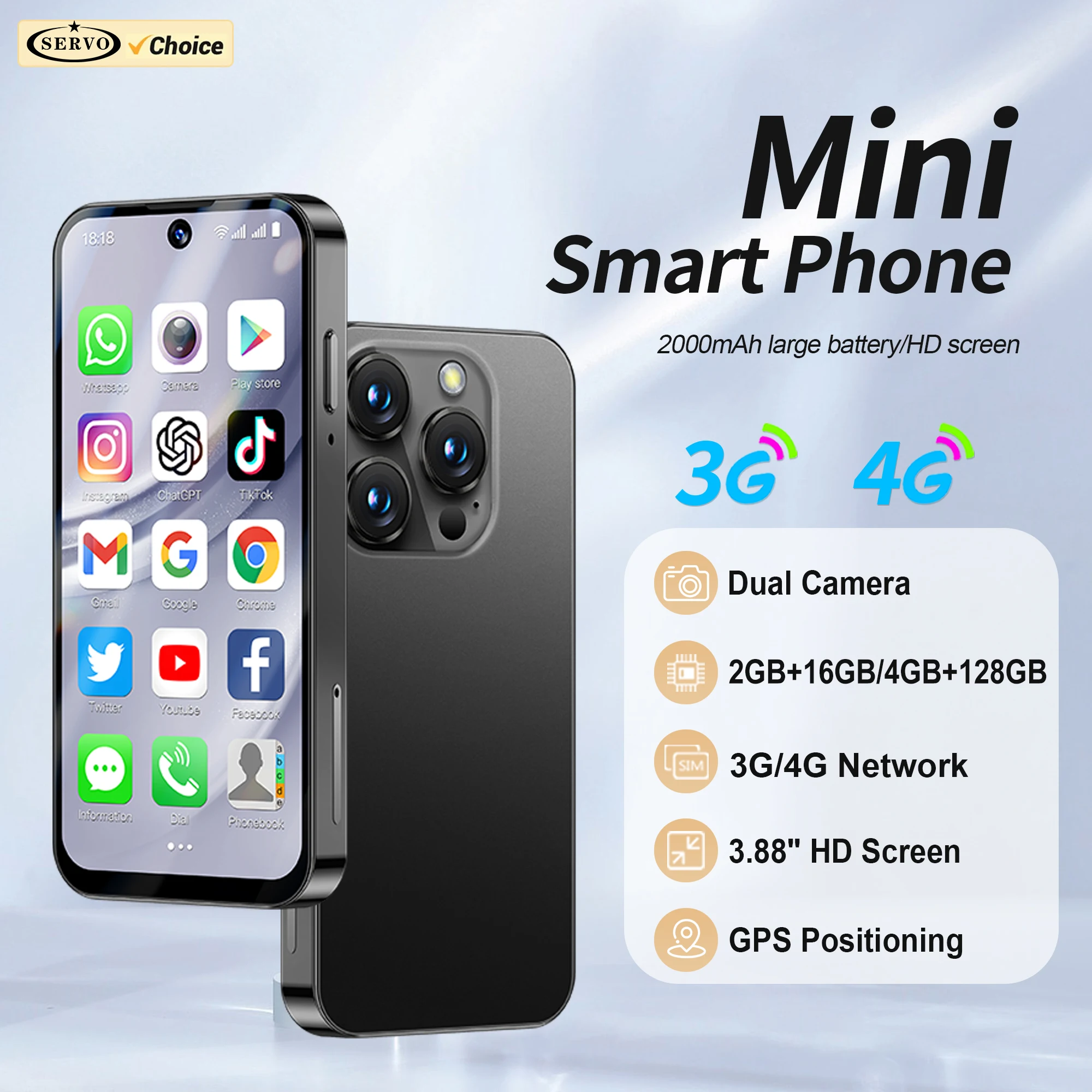 SERVO Mini Smartphone Android 10/12 System Dual SIM Standby 2GB+16GB/4GB+128GB Play Store 3G/4G 3.88