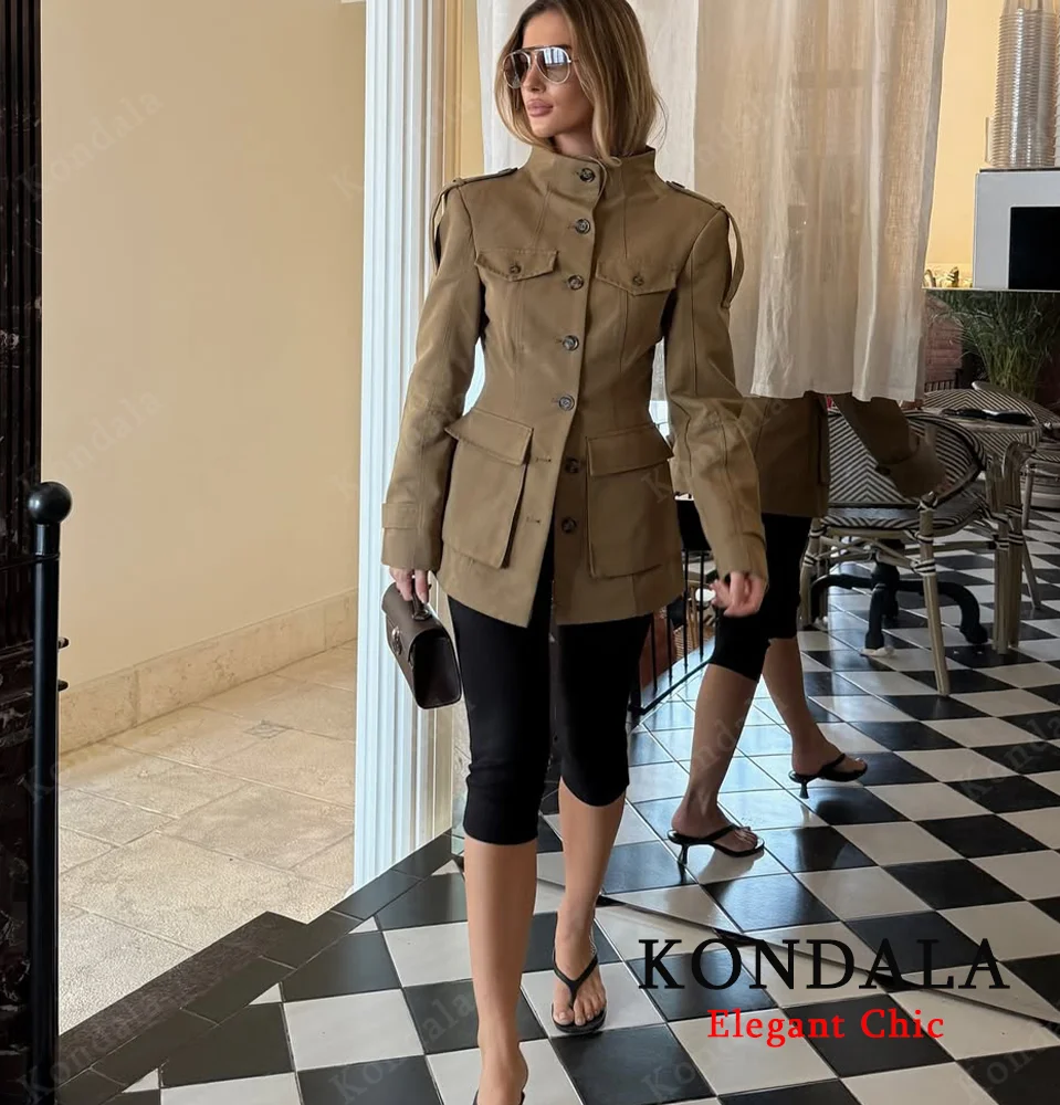 KONDALA الخريف المرأة أنيقة الحضرية سترة واقية معطف أزرار جيوب الخصر النحيف معطف 2025 خريف شتاء موضة تخفيف معطف للسيدات #3