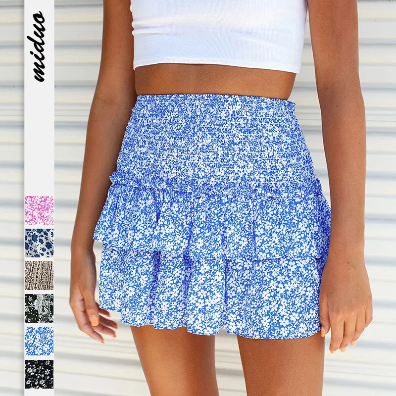 

2025 Горячая продажа женской юбки средней длины в Европе и Америке, плиссированная юбка, юбка с рюшами и цветочным принтом, короткая юбка в богемном стиле