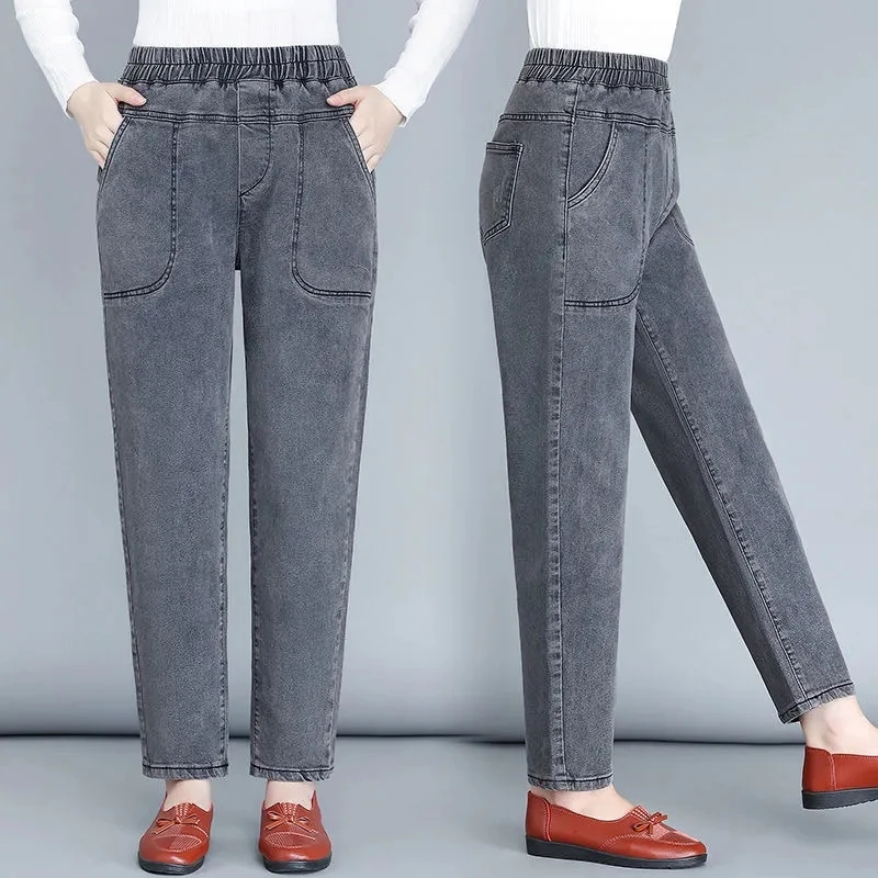 Mother Jeans New Large Size Elastic High Waist Denim Pants Middle Age Women Loose Casual Straight Jeans Pants Female Trousers