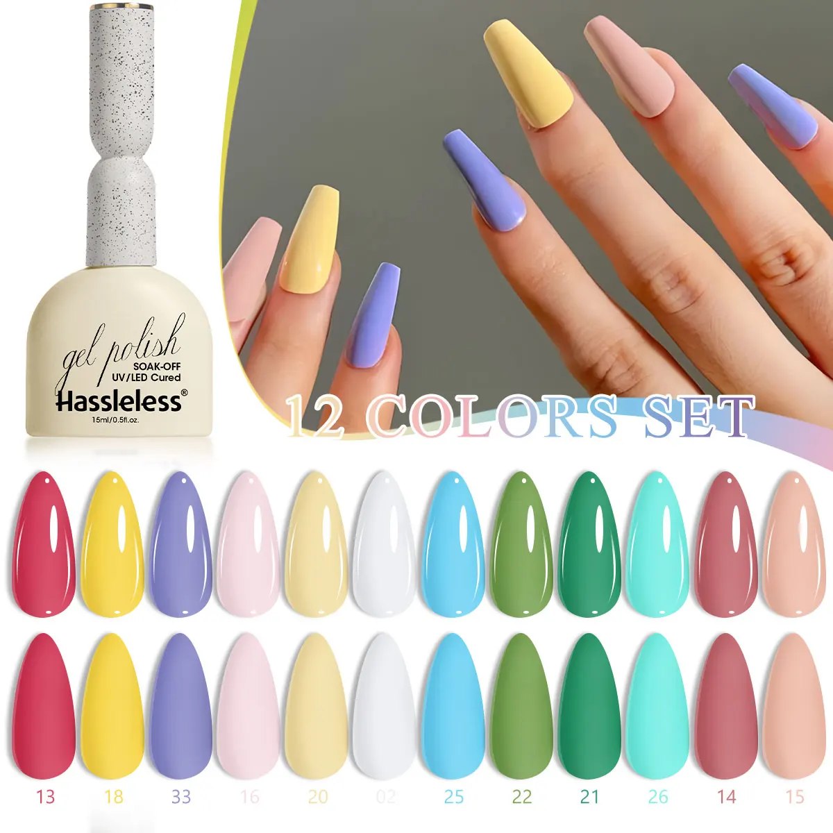 Hassleless - Gel Nail Polish, with High Gloss, LED Light-Curing Formula, Long-Lasting and Durable. Multi-Color Gel Is Suitable F