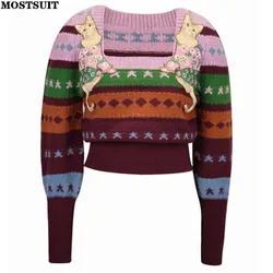 Vintage Jacquard Square Collar Sweater Crop Tops Women Stylish Fashion Elegant Chic Pullovers 2024 Spring Long Sleeve Jumpers