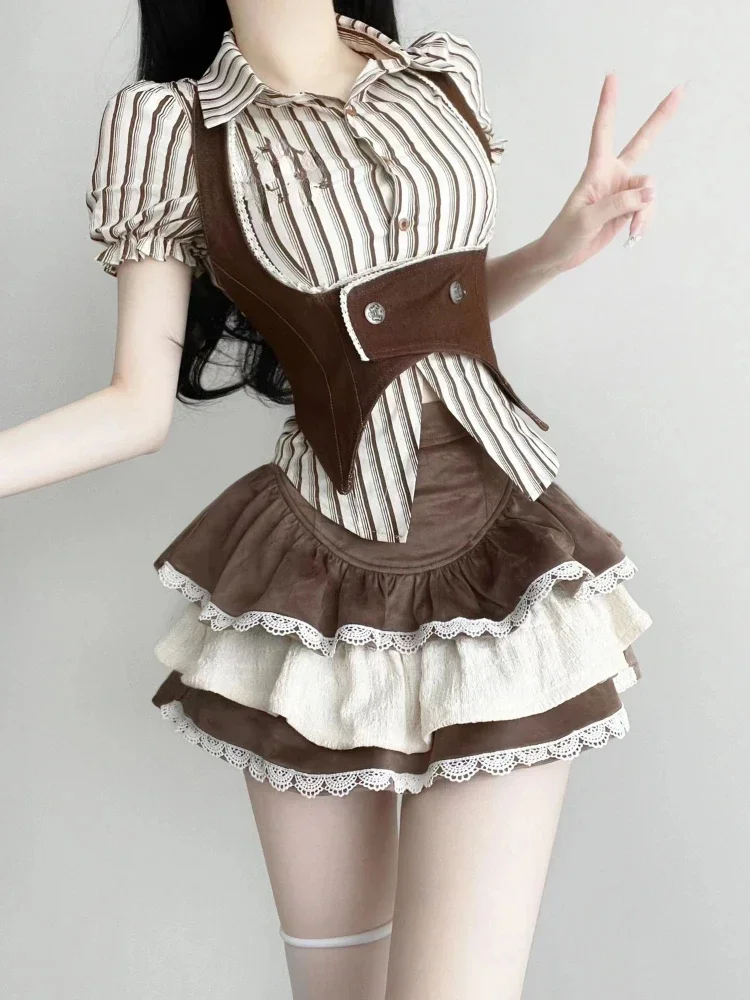 Fashion Vintage Y2k 3 Piece Sets 2024 Summer Striped Shirt Slim Vest High Waist Lace Mini Skirt Lolita Japanese Suit Woman Chic