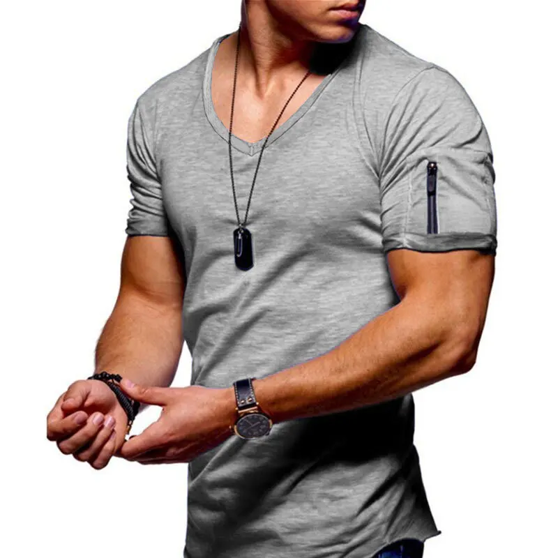 2024 Summer New Cotton Blended Men\'s Fashion Casual T-shirt V-neck Thin Solid Color T-shirt Sports Street Loose Top