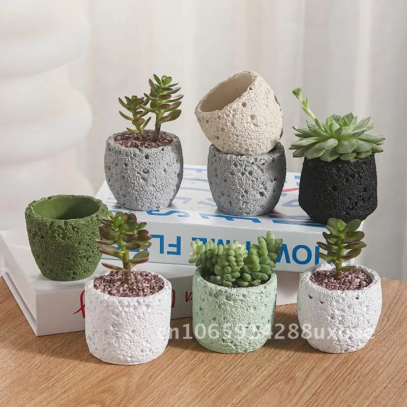Milk White Creative Volcanic Stone Pattern Cement Succulent Flower Pot Office Home Desktop Decoration Green Plant Flowers