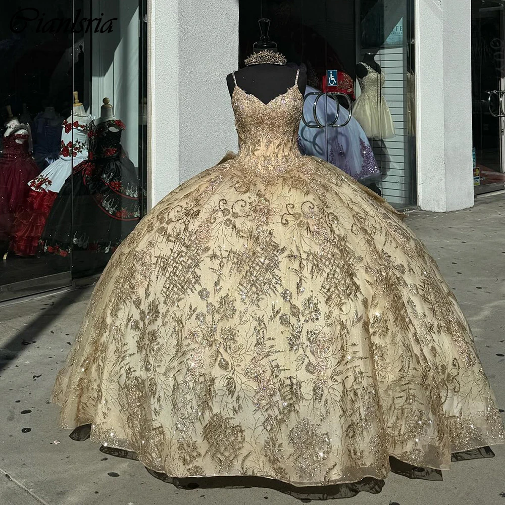 Vestido De baile De quinceañera con lazo De encaje con lentejuelas doradas, corsé con volantes y tirantes finos, 15 Años