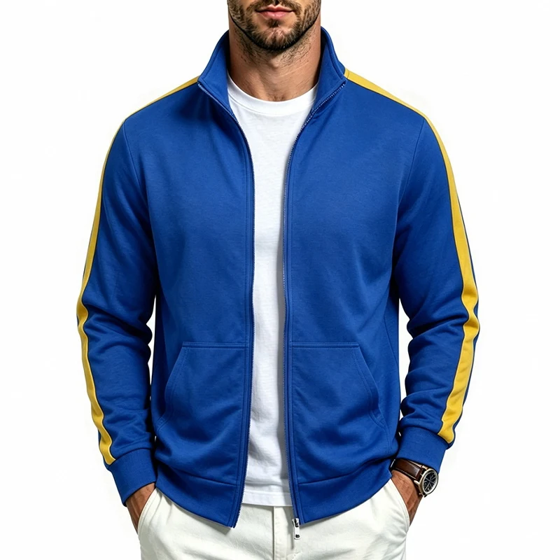 Men's Spring and Autumn Single-Layer Full-Zip Stand Collar Sports Jacket, Long-Sleeve Casual Zip-Up with kangaroo Pockets
