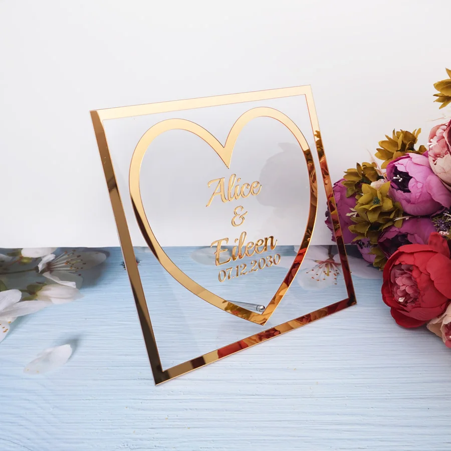 Custom Welcome Guest Words Sign Acrylic Mirror Heart Frame Personalized Bride And Groom Name Wedding Date Festival Table Decor