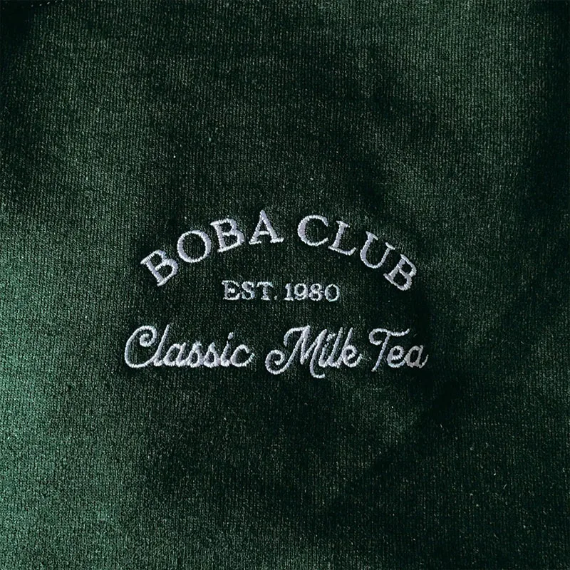 Boba Club Est.1980 Letters Embroidered Green Spring Sweatshirts Women Long Sleeve Cotton Thin Pullovers American Retro Jumpers