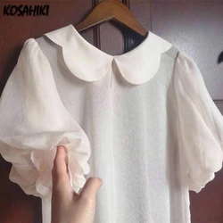 2024 Japanese Sweet JK Lolita Solid Blouses Women Summer Y2k Aesthetic Peter Pan Collar JK Shirts Kawaii See Through Tops Blusas