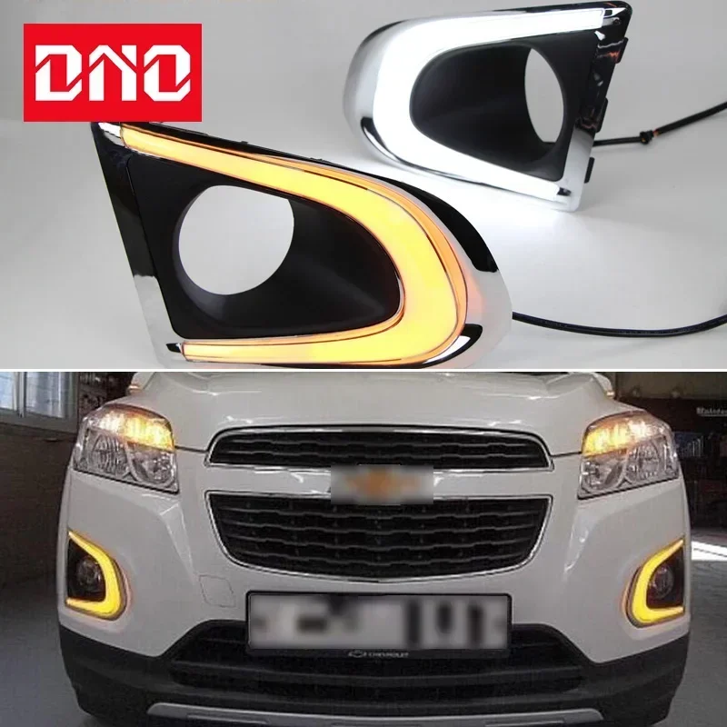 Car LED DRL 12V Daylights For Chevrolet Trax 2014 - 2016 Yellow Turn Signal Daytime Running Headlamps Auto Driving Lamp Foglamps