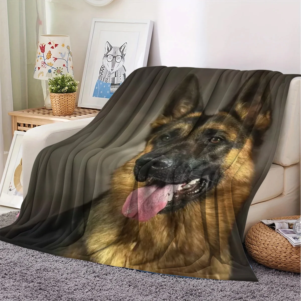 Pet German Shepherd Portrait Blanket Real‑Life Style Loyal German Shepherd Dog Face Image Soft Flannel Throw Blanket