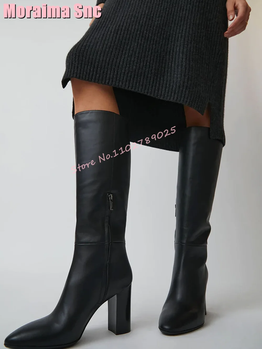 Fashion Pointed Toe Plain Brown Knee High Boots Block High Heel Side Zipper Sexy Fashion Concise Women\'s Long Boots Autumn 2024