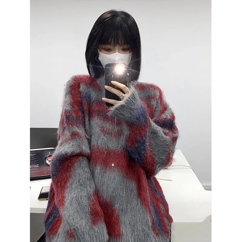 Women\'s Grey Mohair Pullover Knit Sweater Harajuku Y2k Long Sleeves O-Neck Sweater Vintage 90s 2000s Aesthetic Fashion Clothes