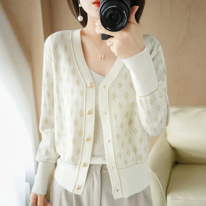 2024 Spring Autumn Women Korean Fashion Luxury Elegant Chic Button Knitted Cardigan Ladies V Neck Long Sleeve Slim Sweater Coat