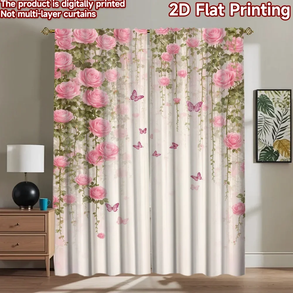 Romantic Pink Floral Rose Print Curtains Pair Digital Printing Decor for Bedroom Living Room Window Curtain 2pcs