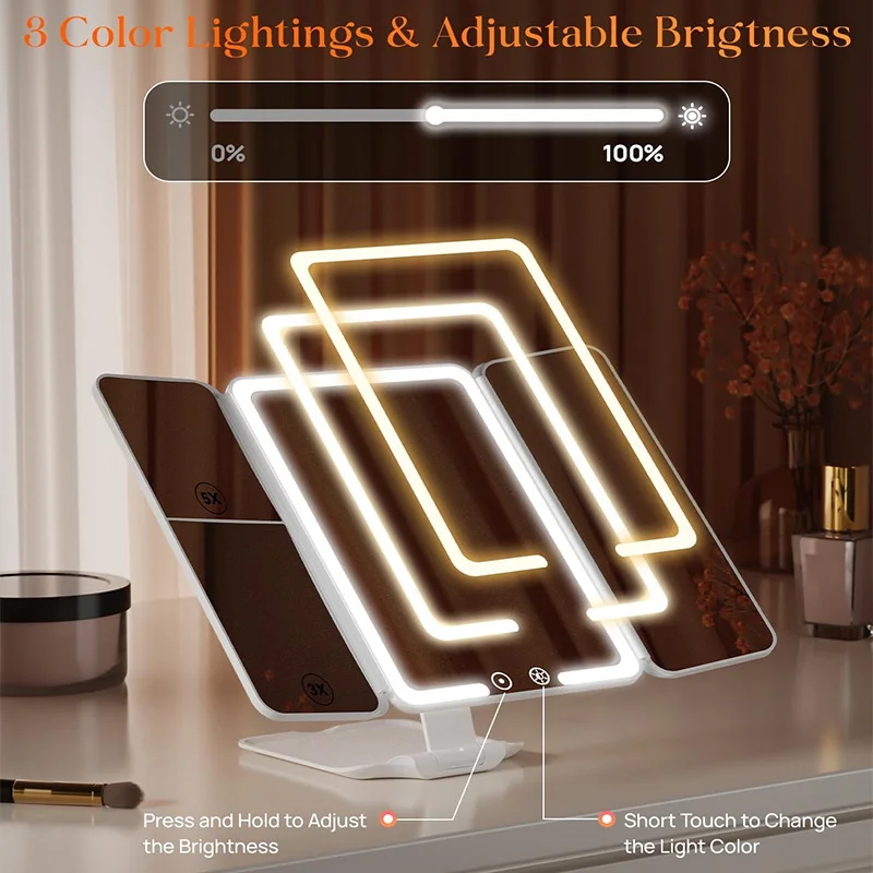 مرآة مكياج ثلاثية الطي للسفر مع تكبير ضوء LED، مرآة زينة مخصصة هدايا للنساء #4