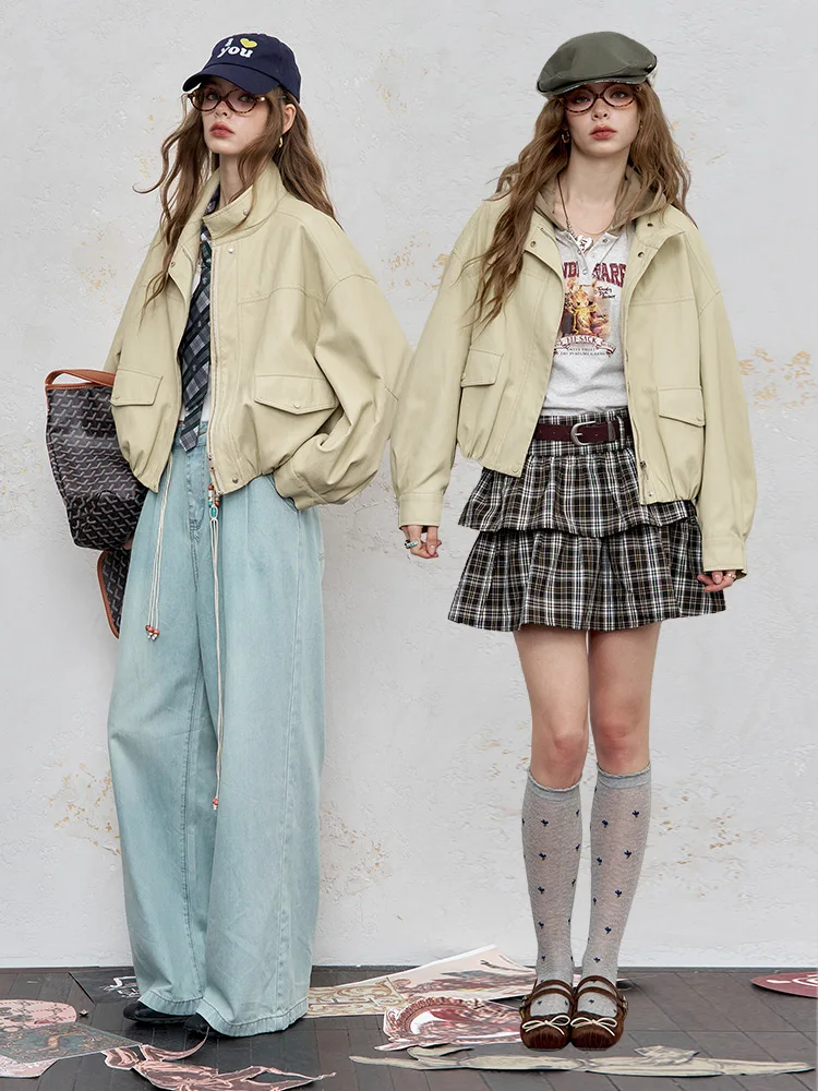 Ele ort PU Leather Jaet Women's Casual Workwear Fairy's ket ature Sensation High-End Feel Teenage Faion