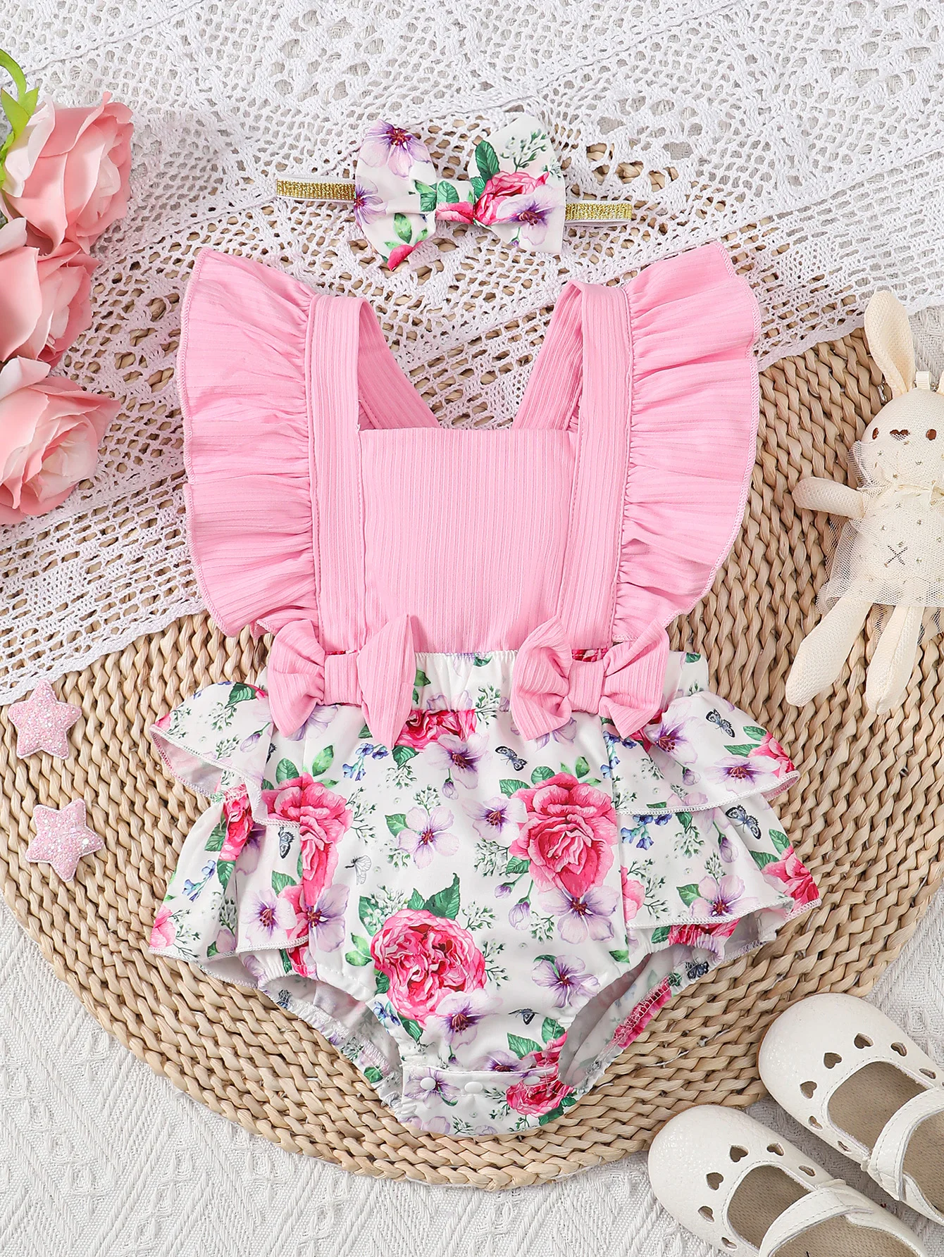 1-12M 2-Piece Baby Girls Fashion Halter Fly Sleeve Sleeveless Pit Bow Floral Pattern Jumpsuit And Headpiece