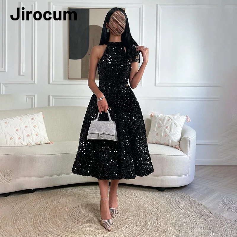 

Jirocum A Line Sparkling Sequin Prom Gown Women's Halter Sleeveless Party Evening Gowns Tea Length Black Formal Occasion Dress