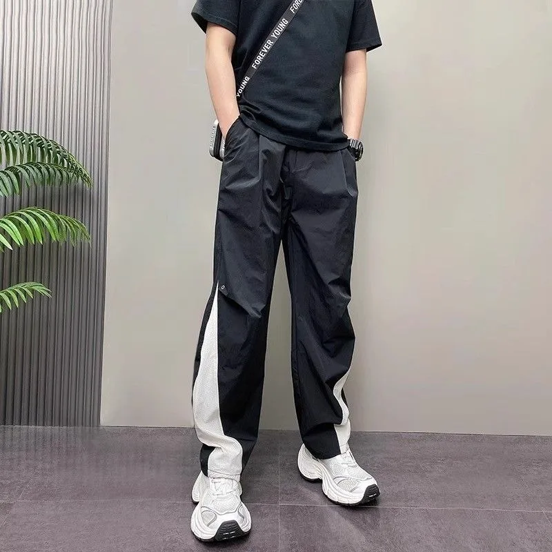 

Повседневные модные мужские брюки, свободные американские прямые эластичные брюки с высокой талией и карманами на шнурке контрастного цвета