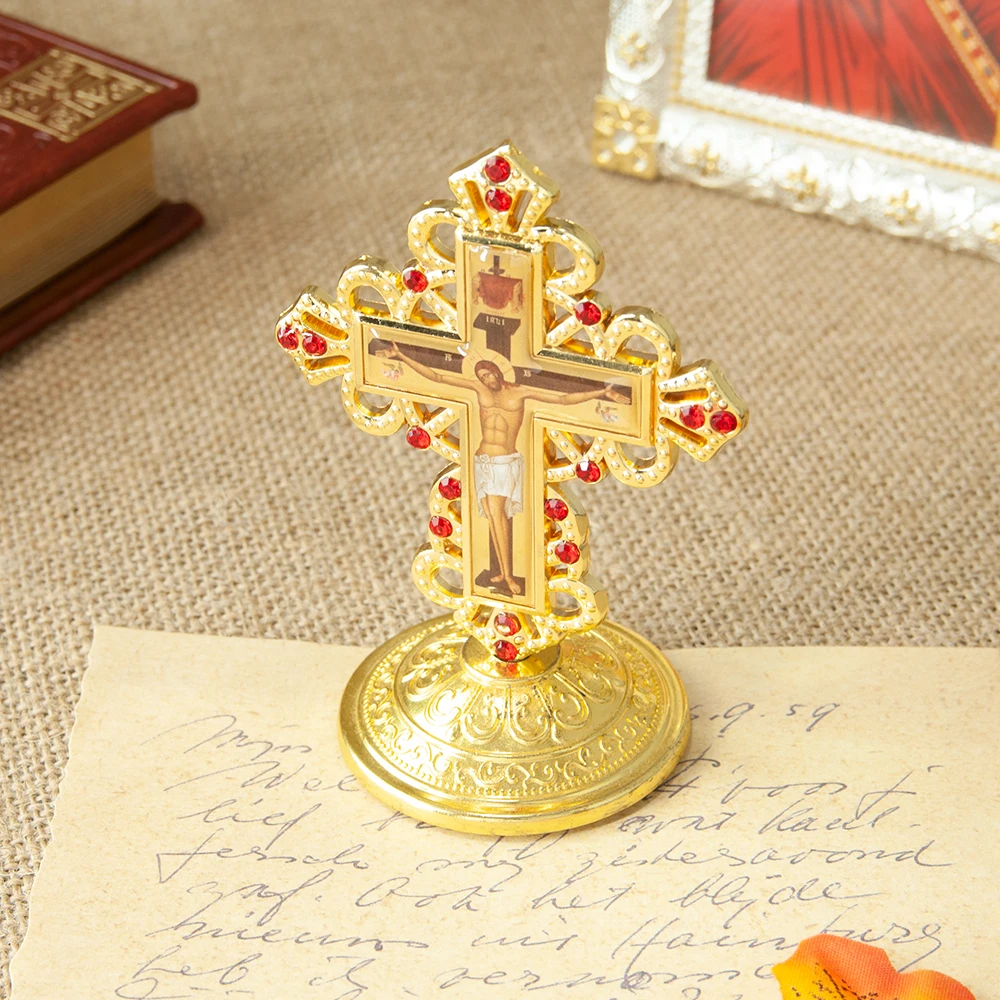 HTISOK Zinklegierung Kreuz-Dekor Jesus mit Roten Strasssteinen 3,5 Zoll Christliches Heim-Altar-Gebets-Tischornament Religiöse Geschenke – Detail 8